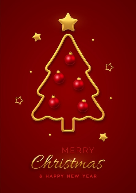 Tarjeta de felicitación de Navidad con árbol de Navidad metálico dorado, adorno de bolas rojas y estrellas doradas