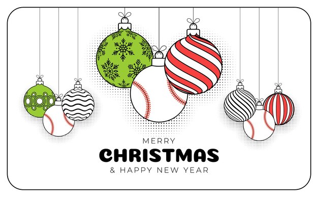 Tarjeta de felicitación de Navidad de béisbol en estilo de línea de moda Feliz Navidad y Feliz Año Nuevo esquema de dibujos animados Banner deportivo Pelota de béisbol como una bola de Navidad sobre fondo blanco Ilustración vectorial