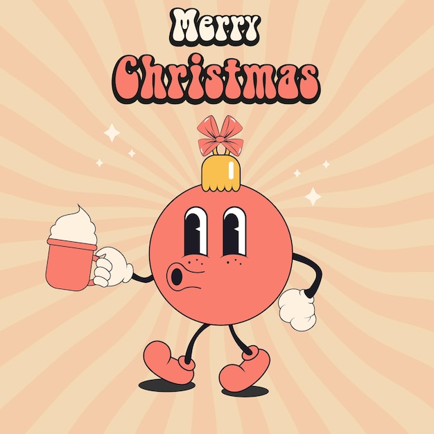 Tarjeta de felicitación de Navidad con bola de Navidad groovy sosteniendo una taza con cacao y efecto de texto editable