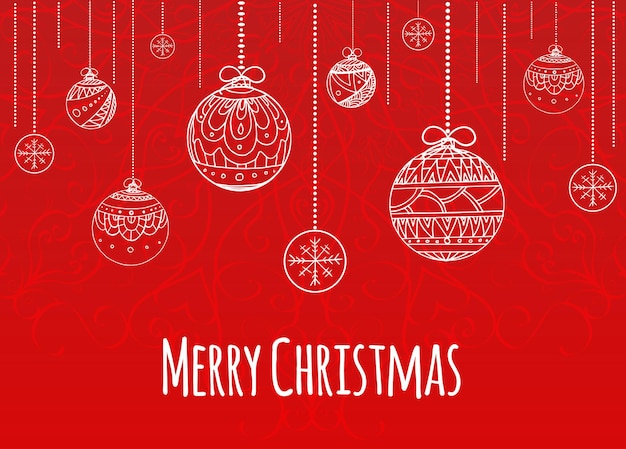 Tarjeta de felicitación de Navidad con bolas decoradas patrón de doodle para su creatividad