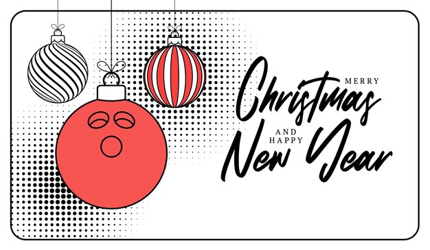 Tarjeta de felicitación de Navidad de bolos en estilo de línea de moda Feliz Navidad y Feliz Año Nuevo esquema de dibujos animados Deportes banner bola de bolos como una bola de Navidad sobre fondo blanco Ilustración vectorial