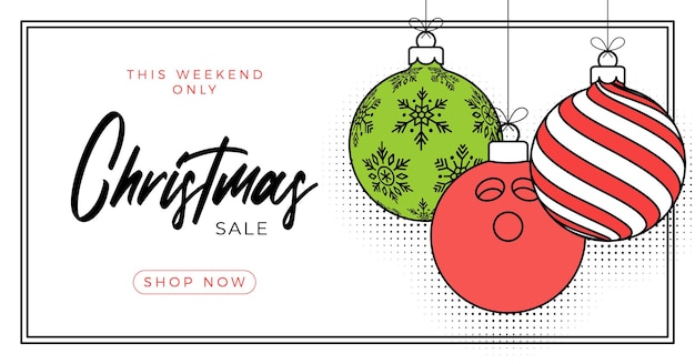 Tarjeta de felicitación de Navidad de bolos en estilo de línea de moda Feliz Navidad y Feliz Año Nuevo esquema de dibujos animados Deportes banner bola de bolos como una bola de Navidad sobre fondo blanco Ilustración vectorial