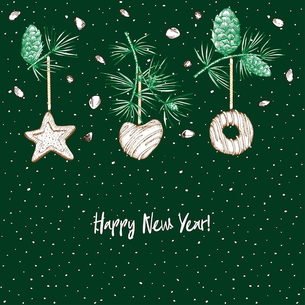 Tarjeta de felicitación de Navidad Bosquejo de tinta botánica realista de guirnalda de abeto colorido con cono de pino y galletas de jengibre de Navidad Para el menú de flayer de diseño banner web de vacaciones
