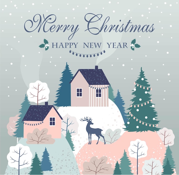 Tarjeta de felicitación de Navidad con casas. Paisaje nevado, ciervos, árbol de Navidad.