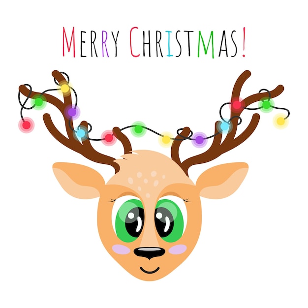 Tarjeta de felicitación de Navidad Ciervo de dibujos animados lindo con guirnalda de colores brillantes en cuernos aislado Vector