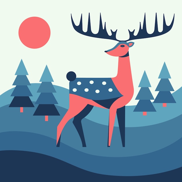 Tarjeta de felicitación de Navidad con un ciervo Tarjeta postal de Navidad con felicitaciones para las vacaciones de invierno Vector