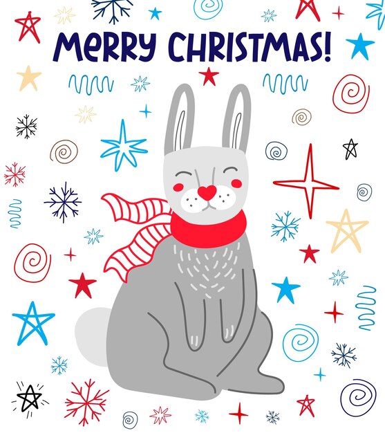 Tarjeta de felicitación de Navidad con un conejo en una bufanda y copos de nieve Ilustración vectorial