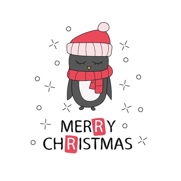 Tarjeta de felicitación de navidad dibujada a mano con pinguin. letras de texto. ilustración vectorial. plantilla para tarjetas de año nuevo y carteles de feliz navidad o impresión de garabatos