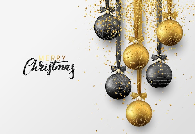 Tarjeta de felicitación de navidad, diseño de bolas de navidad con confeti de brillo dorado