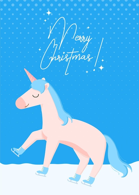 Vector tarjeta de felicitación de navidad divertida unicornio patinaje sobre hielo