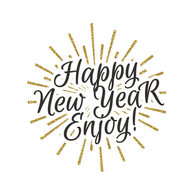 Tarjeta de felicitación de Navidad con el emblema de Navidad que consiste en el efecto de brillo dorado de la explosión solar y el signo de Feliz Año Nuevo Disfruta en el fondo de vacaciones mágicas. Elemento de decoración de Navidad. Ilustración vectorial