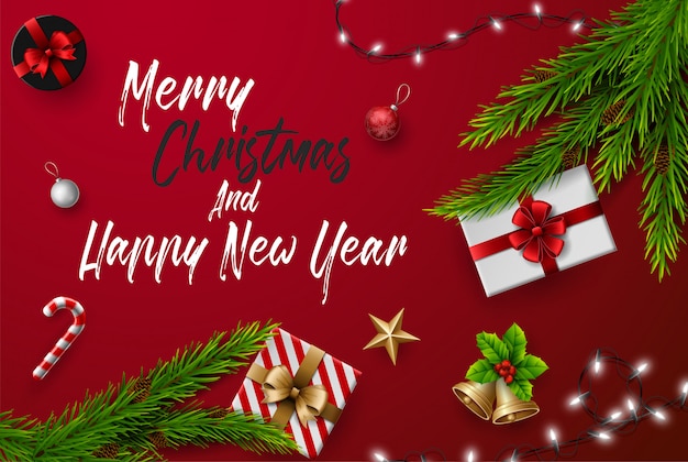 Tarjeta de felicitación de Navidad y feliz año nuevo Composición de elementos con adornos navideños.