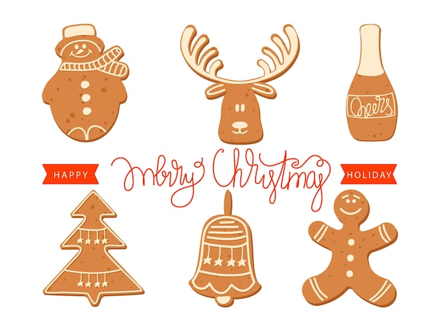 Tarjeta de felicitación de Navidad y feliz año nuevo con galletas de Navidad y letras