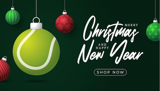 Tarjeta de felicitación de Navidad y feliz año nuevo tarjeta de felicitación deportiva Colgar en un hilo de pelota de Navidad verde y roja en verde en el fondo Ilustración vectorial deportiva