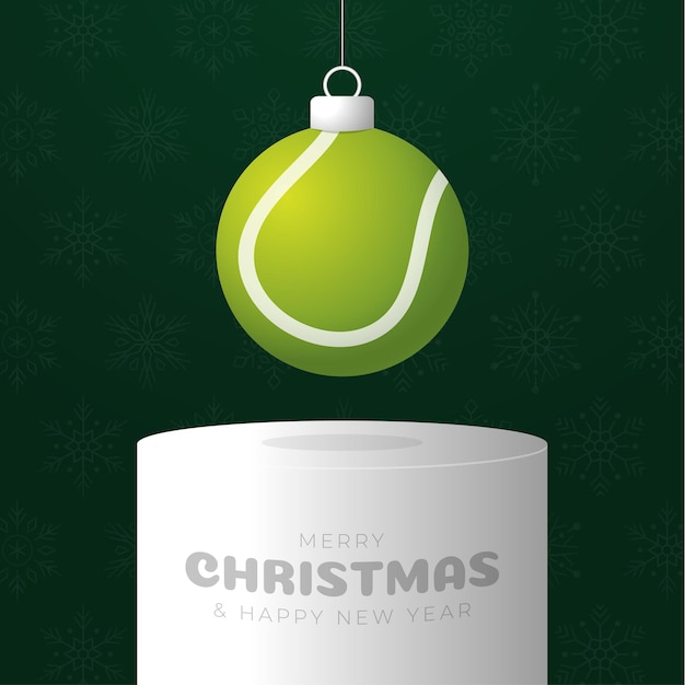 Tarjeta de felicitación de Navidad y feliz año nuevo tarjeta de felicitación deportiva Colgar en un hilo de pelota de Navidad verde y roja en verde en el fondo Ilustración vectorial deportiva