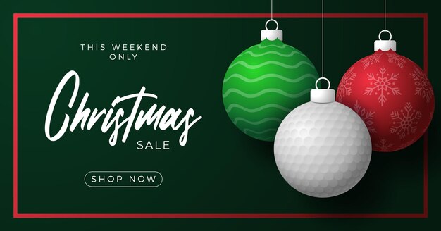 Tarjeta de felicitación de Navidad y feliz año nuevo tarjeta de felicitación deportiva Colgar en un hilo verde y rojo bola de Navidad bauble en verde en el fondo Ilustración vectorial deportiva