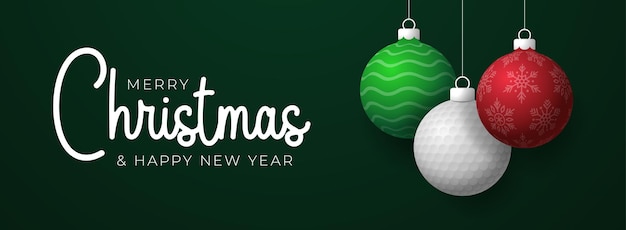 Tarjeta de felicitación de Navidad y feliz año nuevo tarjeta de felicitación deportiva Colgar en un hilo verde y rojo bola de Navidad bauble en verde en el fondo Ilustración vectorial deportiva