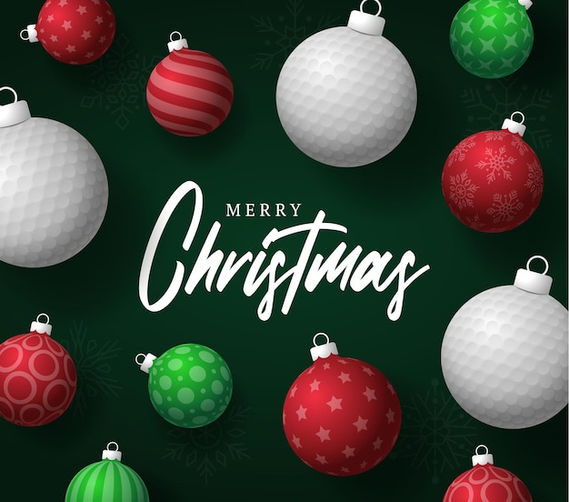 Tarjeta de felicitación de Navidad y feliz año nuevo tarjeta de felicitación deportiva Colgar en un hilo verde y rojo bola de Navidad bauble en verde en el fondo Ilustración vectorial deportiva