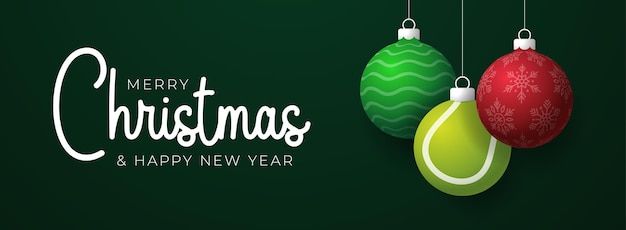 Tarjeta de felicitación de Navidad y feliz año nuevo tarjeta de felicitación deportiva Colgar en un hilo verde y rojo bola de Navidad en verde en el fondo Ilustración vectorial deportiva