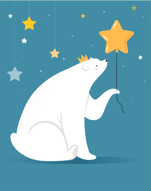 Tarjeta de felicitación de navidad feliz, banner. el oso polar blanco sostiene un globo estrella de oro, ilustración de dibujos animados de vectores