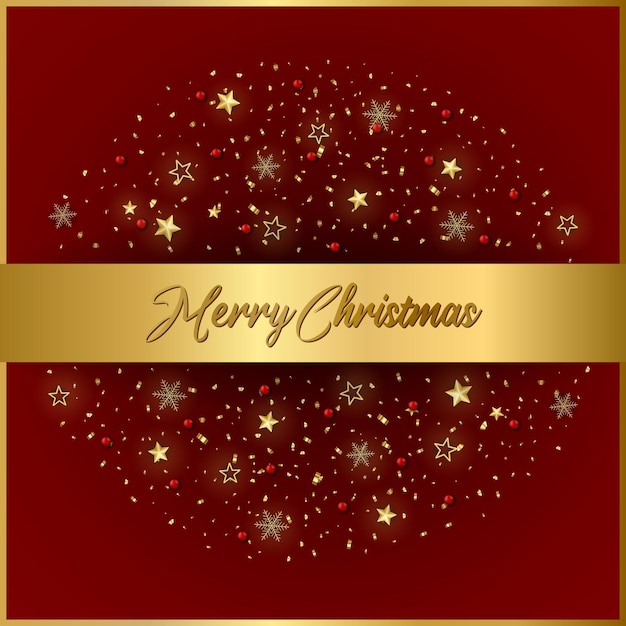 Tarjeta de felicitación de Navidad feliz. Decoración de oro y confeti sobre un fondo rojo. Ilustración vectorial.