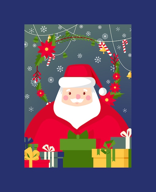 Tarjeta de felicitación de navidad feliz navidad con árbol de año nuevo de santa claus y regalos ilustración de fondo de la postal de santas celebración de vacaciones de invierno cartel diseño telón de fondo