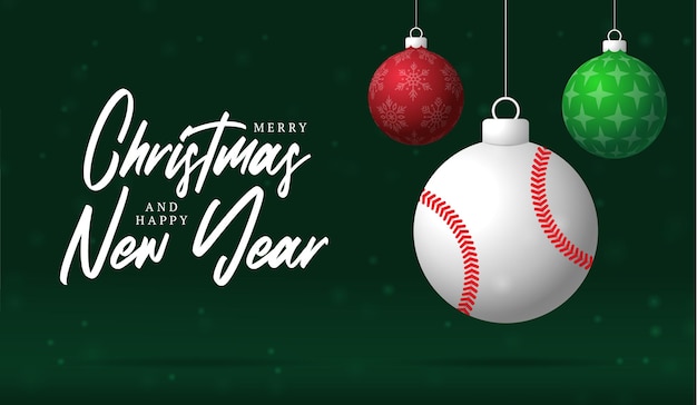 Tarjeta de felicitación de Navidad Feliz Navidad y feliz año nuevo tarjeta de felicitación deportiva Colgar en un hilo verde y rojo bola de Navidad en verde en el fondo Ilustración vectorial deportiva