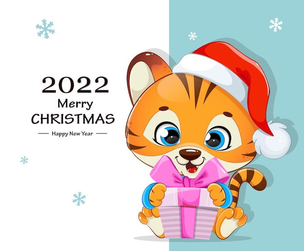 Tarjeta de felicitación de Navidad feliz. Pequeño tigre lindo que sostiene la caja de regalo. Personaje de dibujos animados de tigre de bebé. Ilustración vectorial de stock sobre fondo blanco.