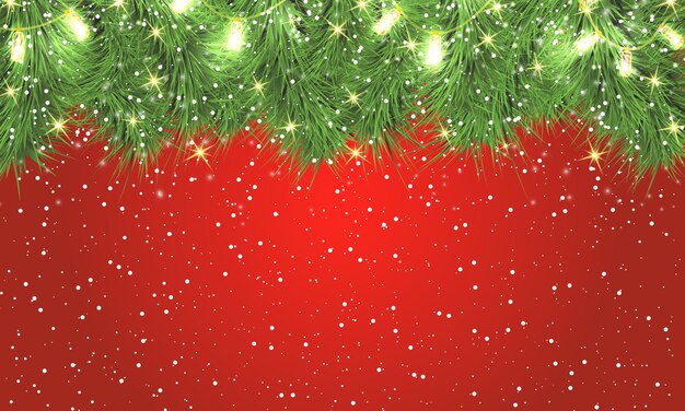 Tarjeta de felicitación de Navidad feliz. Ramas de los árboles de Navidad con luces brillantes. Guirnalda de vacaciones.