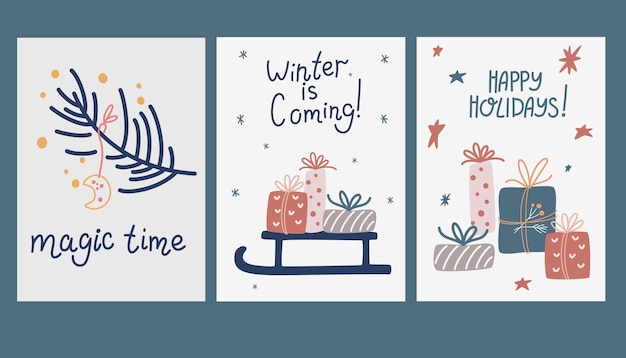 Tarjeta de felicitación de Navidad feliz. Tarjeta de felicitación de tema de invierno. Feliz año nuevo, tarjetas de felices fiestas con flores navideñas y objetos de invierno. Ilustración de dibujos animados de vector.