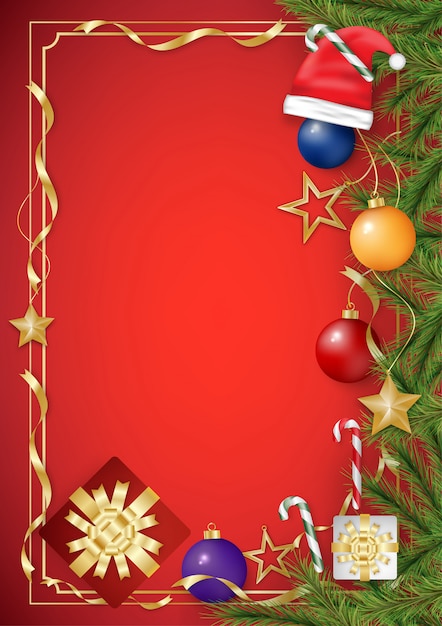 Tarjeta de felicitación de navidad en fondo rojo con decoración