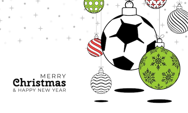 Tarjeta de felicitación de Navidad de fútbol en estilo de línea de moda Feliz Navidad y Feliz Año Nuevo esquema de dibujos animados Balón de fútbol de banner deportivo como una bola de Navidad sobre fondo blanco Ilustración vectorial