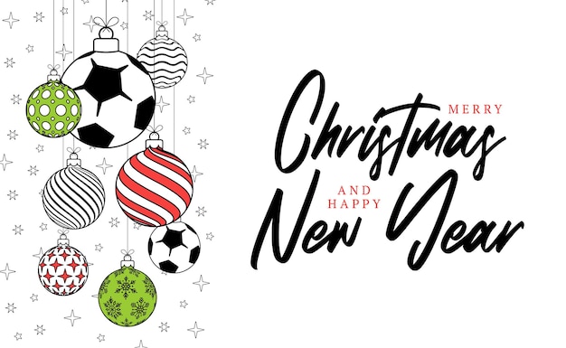 Tarjeta de felicitación de navidad de fútbol en estilo de línea de moda feliz navidad y feliz año nuevo esquema de dibujos animados balón de fútbol de banner deportivo como una bola de navidad sobre fondo blanco ilustración vectorial