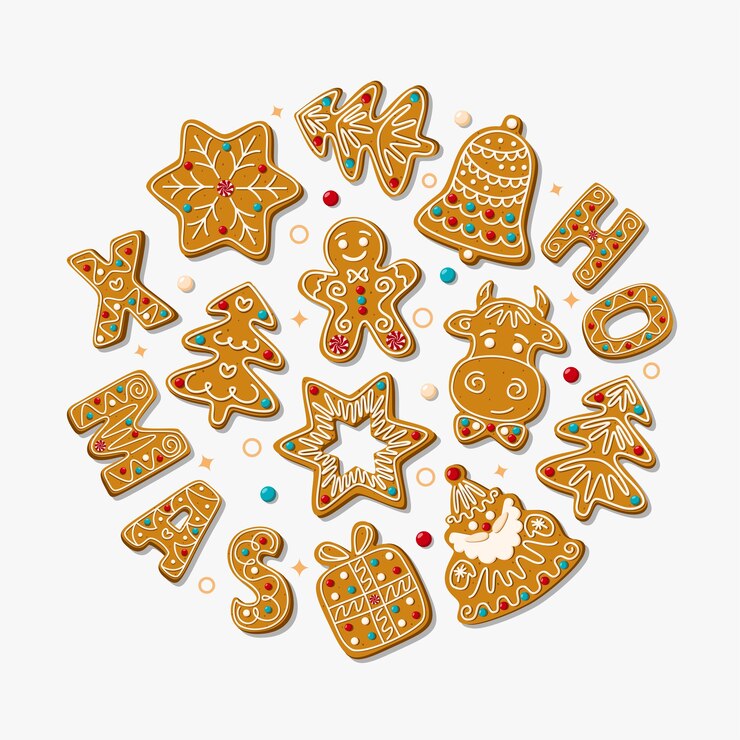 Vector tarjeta de felicitación de navidad con galletas de jengibre de navidad sobre un fondo blanco. ilustración..