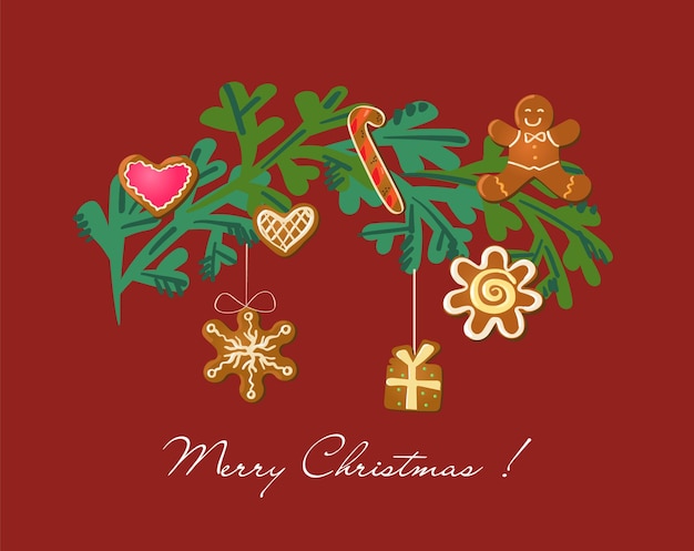Tarjeta de felicitación de Navidad con galletas de pan de jengibre colgantes rama de abeto de fondo rojo