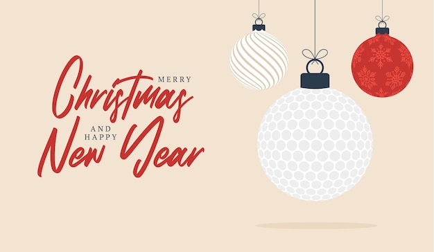 Tarjeta de felicitación de Navidad de golf. Bandera de deportes de dibujos animados plana feliz Navidad y próspero año nuevo. pelota de golf como una pelota de Navidad en el fondo. Ilustración vectorial.