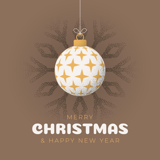 Tarjeta de felicitación de Navidad granulada Feliz Navidad y feliz año nuevo tarjeta de felicitación retro deportiva Colgar en un hilo bola de Navidad bauble en el ruido fondo punteado marrón