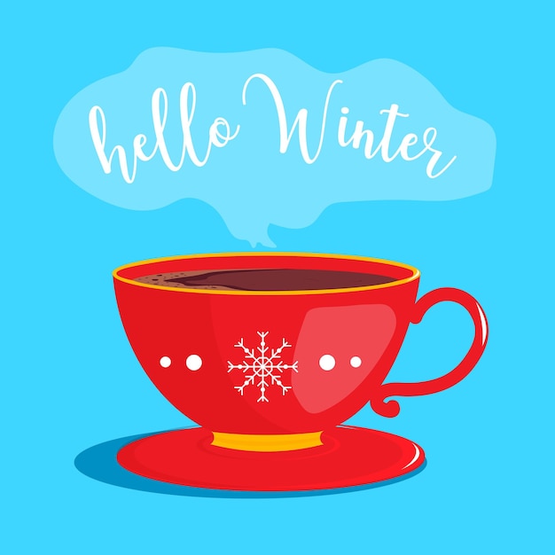 Vector tarjeta de felicitación para navidad hola invierno con una taza de chocolate caliente