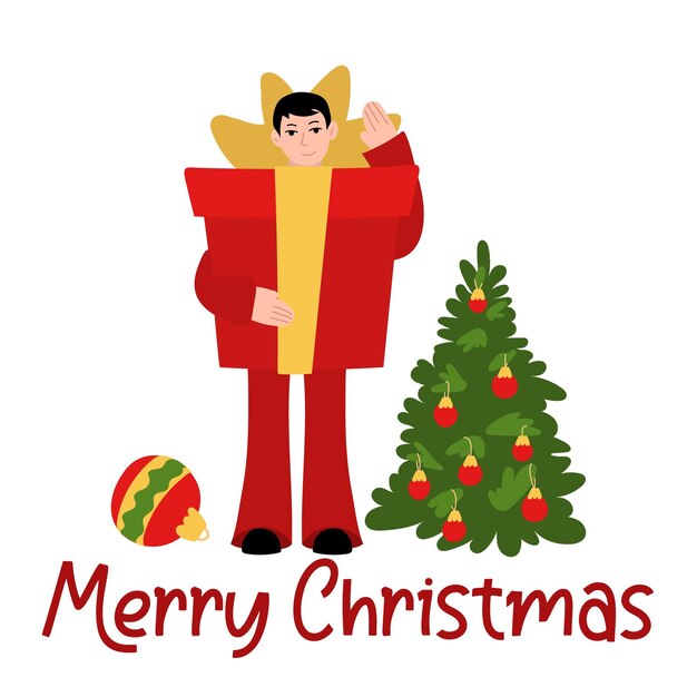 Tarjeta de felicitación de Navidad Un hombre con un traje de regalo con un lazo Decoró el árbol de Navidad con un regalo