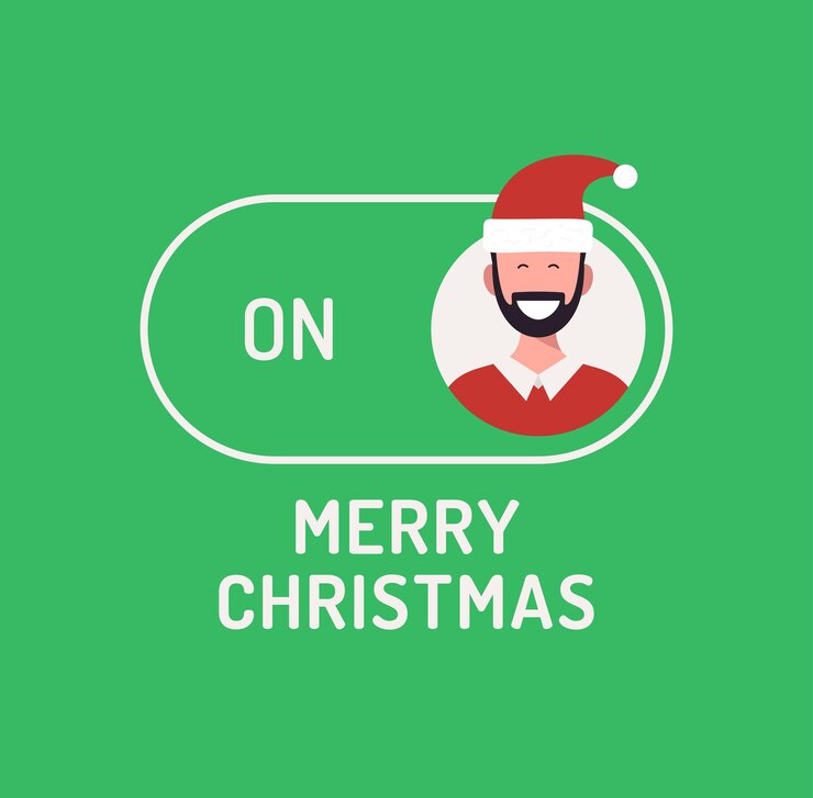 Vector tarjeta de felicitación de navidad. interruptor de modo de concepto creativo feliz navidad o año nuevo. botón deslizante en navidad ilustración de vector plano con avatar de persona de carácter en botón verde.