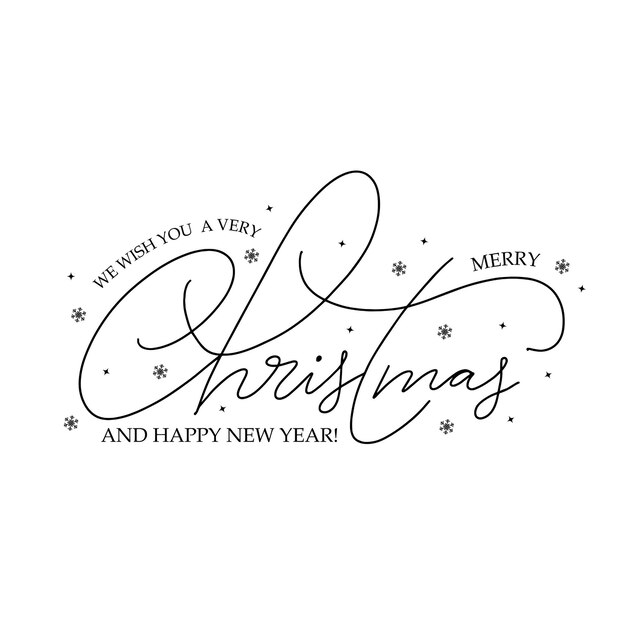 Tarjeta de felicitación de navidad con letras caligráficas y adornos navideños.