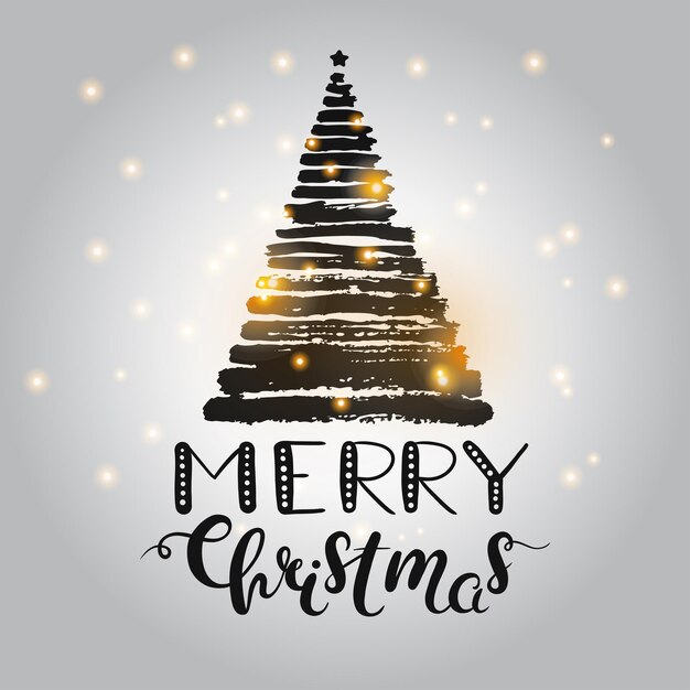 Tarjeta de felicitación de Navidad con letras dibujadas a mano y árbol de Navidad grunge hecho de trazos de pincel