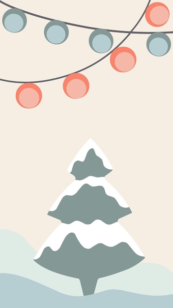 Vector tarjeta de felicitación de navidad lindo estilo dibujado a mano y colores pastel a juego de moda árbol de navidad y muñeco de nieve con caja de regalo en ventisquero con guirnaldas y copos de nieve
