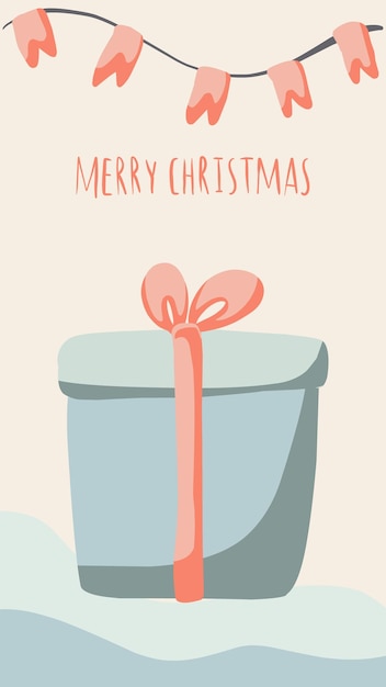 Vector tarjeta de felicitación de navidad lindo estilo dibujado a mano y colores pastel a juego de moda árbol de navidad y muñeco de nieve con caja de regalo en ventisquero con guirnaldas y copos de nieve