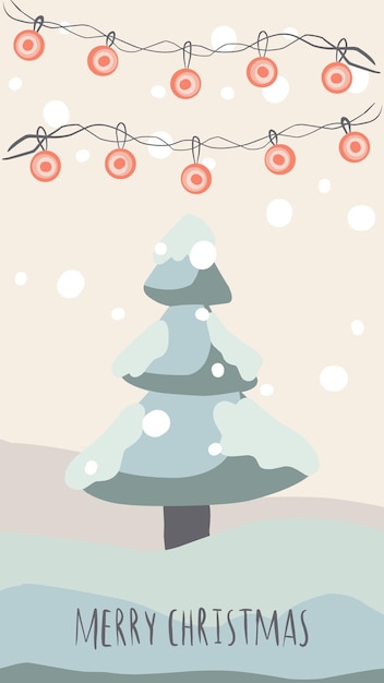 Vector tarjeta de felicitación de navidad lindo estilo dibujado a mano y colores pastel a juego de moda árbol de navidad y muñeco de nieve con caja de regalo en ventisquero con guirnaldas y copos de nieve