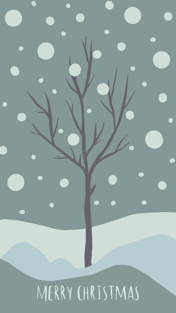 Tarjeta de felicitación de navidad lindo estilo dibujado a mano y colores pastel a juego de moda árbol de navidad y muñeco de nieve con caja de regalo en ventisquero con guirnaldas y copos de nieve