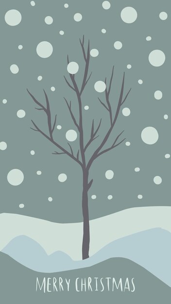 Vector tarjeta de felicitación de navidad lindo estilo dibujado a mano y colores pastel a juego de moda árbol de navidad y muñeco de nieve con caja de regalo en ventisquero con guirnaldas y copos de nieve