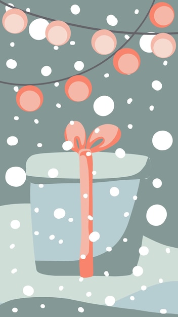 Vector tarjeta de felicitación de navidad lindo estilo dibujado a mano y colores pastel a juego de moda árbol de navidad y muñeco de nieve con caja de regalo en ventisquero con guirnaldas y copos de nieve