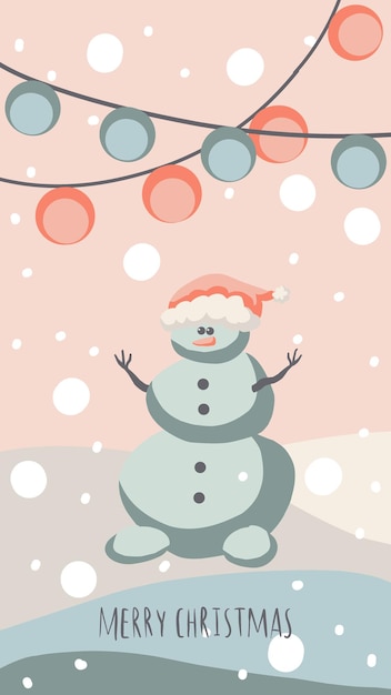 Vector tarjeta de felicitación de navidad lindo estilo dibujado a mano y colores pastel a juego de moda árbol de navidad y muñeco de nieve con caja de regalo en ventisquero con guirnaldas y copos de nieve