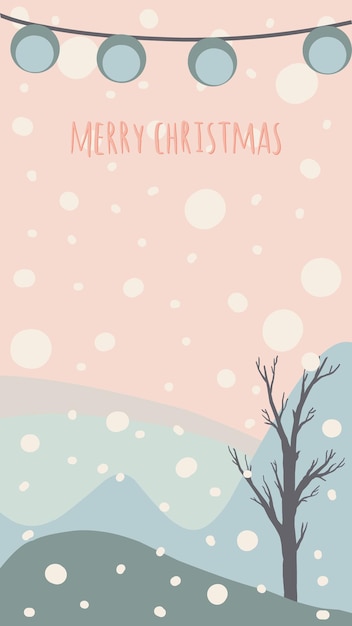 Vector tarjeta de felicitación de navidad lindo estilo dibujado a mano y colores pastel a juego de moda árbol de navidad y muñeco de nieve con caja de regalo en ventisquero con guirnaldas y copos de nieve